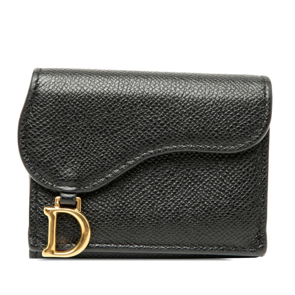 Christian Dior Saddle Tri fold Wallet Compact Black Leather